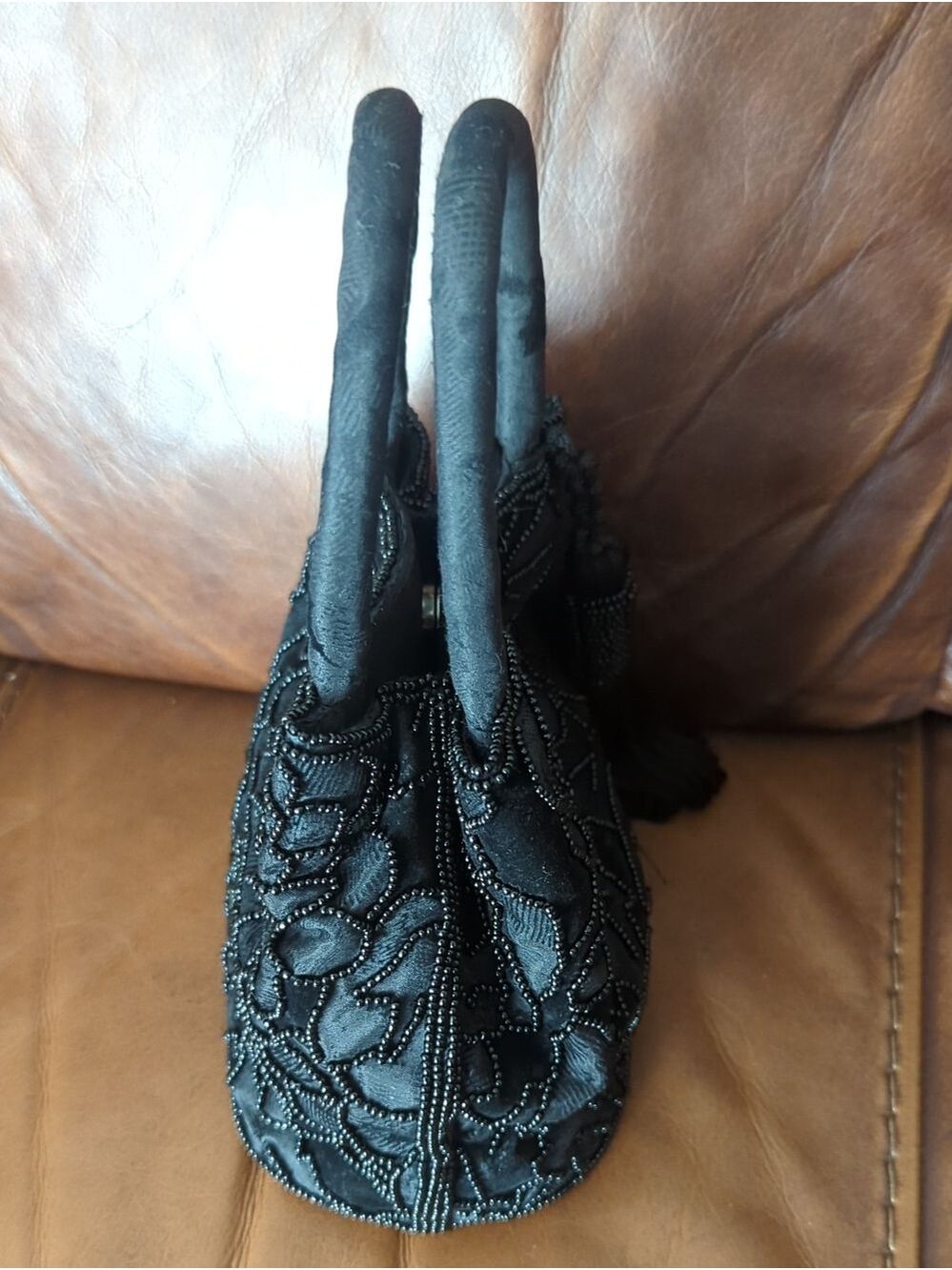 Vintage JEANNE LOTTIE Elegant Black Beaded Floral Tassel Top-Handle Bag - Picture 5 of 13